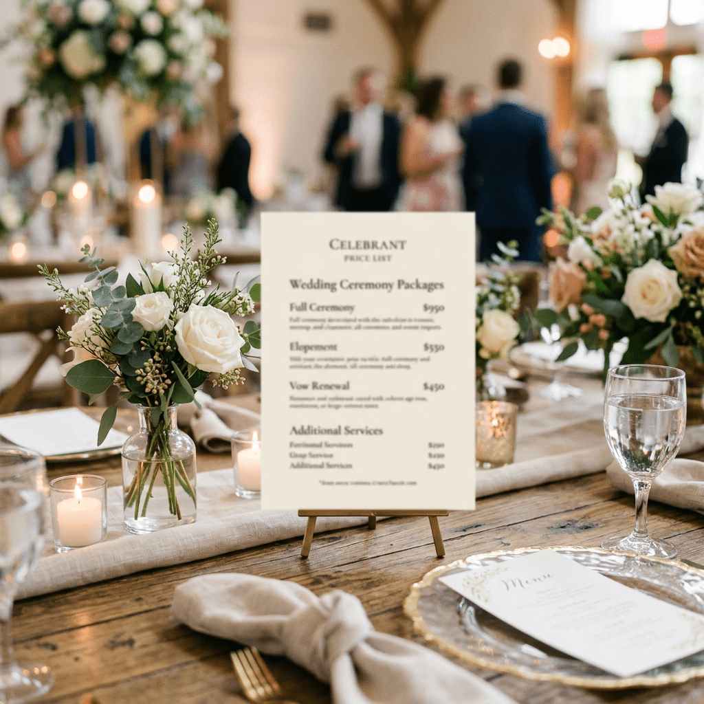 Wedding ceremony packages price list on a stand on a decorated wooden table